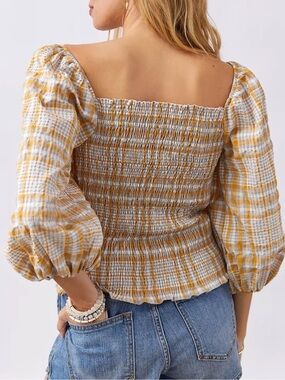 Anthropologie Maeve Plaid Long Sleeve Square Neck Blouse